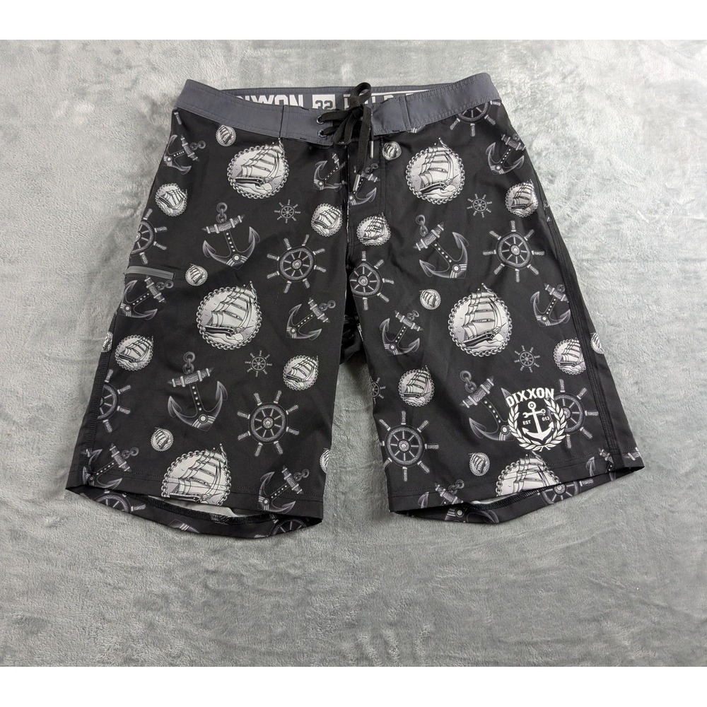 Dixxon Board Shorts Mens 32 Black Nautical Print Swim Surf Pockets Drawstring